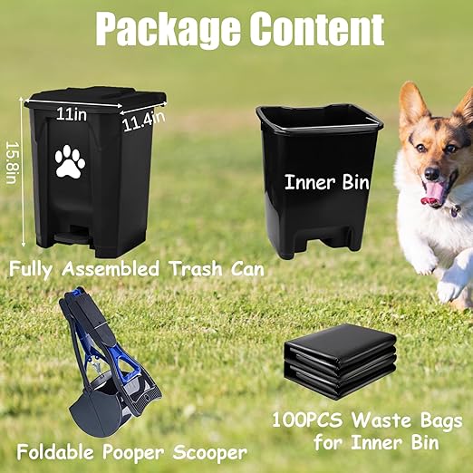 Outdoor Dog Poop Trash Can with Lid, Dog Waste Trash Can Pet Waste Container Pooper Scooper for Yard Garden Kitchen with Removable Inner Bin, Large Garbage Bag, Black