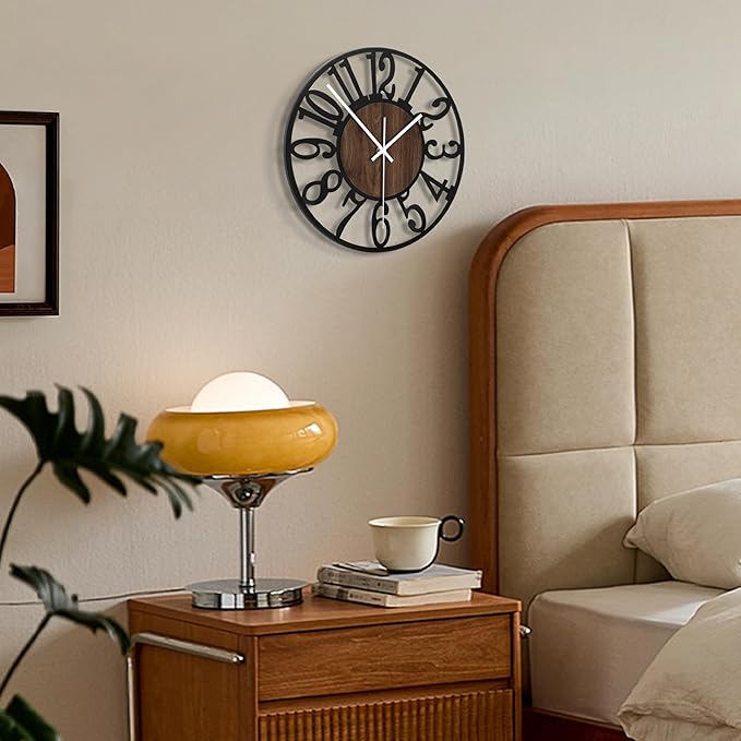 Maxstar Wall Clock Battery Operated,Silent Non-Ticking Modern Rustic Metal Round Clocks Small for Living Room/Bedroom/Office/Kitchen/Farmhouse Home Decor-10 Inch(Brown-Wood)
