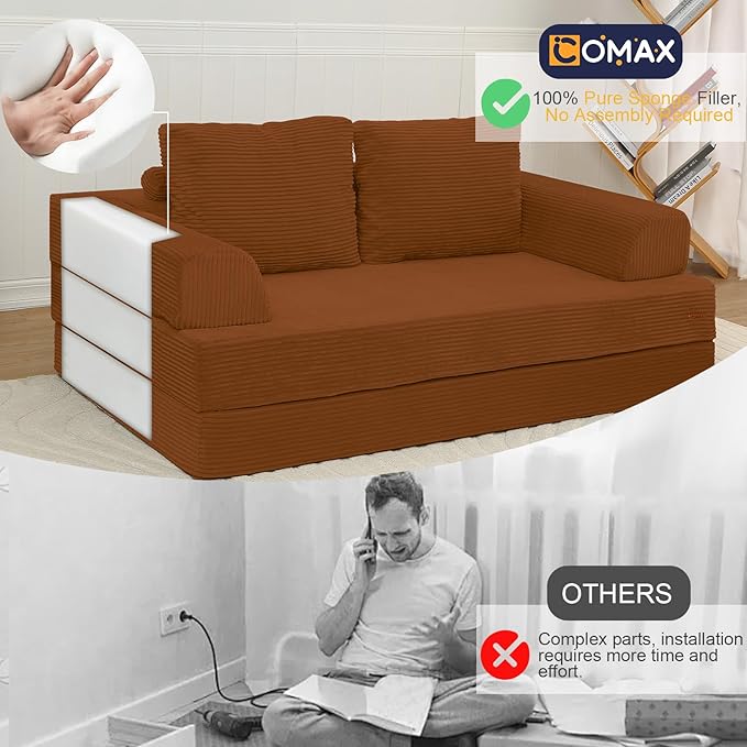 COMAX Convertible Sofa Bed, Folding Floor Couch Corduroy Fold Out Couch Bed Futon Sleeper Mattress with Pillows, Boneless Sofa Comfy Lounge Loveseat for Living Room Bedroom, Orange