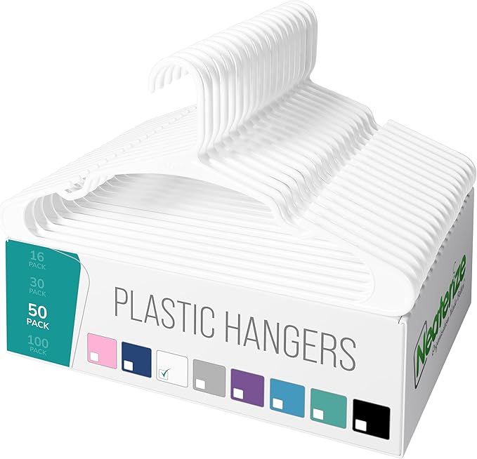 NEATERIZE Clothes Hangers 50 Pack White - Plastic Hangers - Ganchos Colgar Ropa