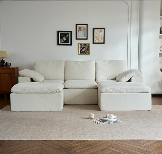 ANONER 108" Cloud Sectional Couches for Living Room, U Shaped Boneless Couch with 2 Ottomans, Deep Sleeper Sofa Chenille Touch Furniture Cloud Couch, White Beige