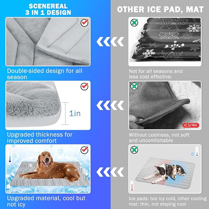 SCENEREAL Dog Cooling Mat Extra Large, 59"x40" Reversible Self-Cooling Pad (Cool & Warm), Thicken Pet Ice Cool Bed Mat use in Kennel Crate Sofa Floor Car Seat, Machine Washable, Non-Gel