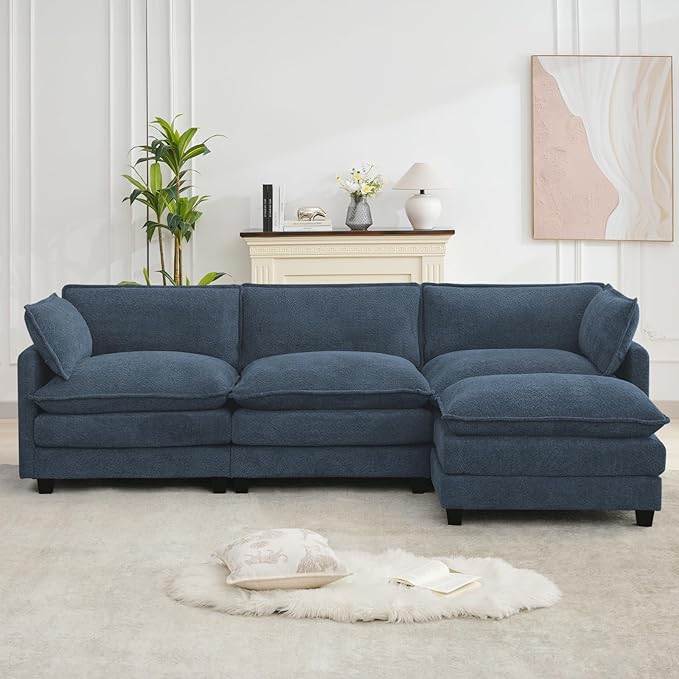 ROWHY Oversized Modular Sectional Couch with Movable Ottoman, 112" Modern Convertible L Shaped Sofa Set, 4 Seat Comfy Cloud Couch with 2 Throw Pillows, for Living Room, Chenille, Royal Blue