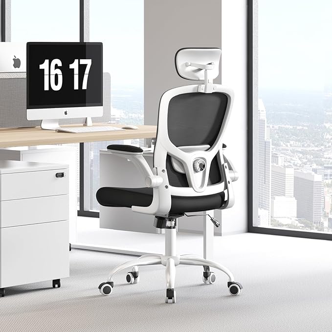 Ergonomic Office Chair with Headrest,Adjustable Back and Lumbar Support, Arm Rest Computer Chair Adults,90-120° Tilt Lock Rolling Swivel,Home Office Task Chair(White-Black)