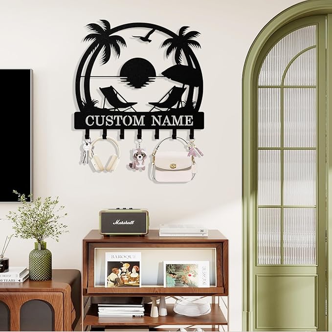 Personalized Beach Key Holder Wall Mount, Custom Metal Keys Hanger for Wall with Name, Custom Key Rack Holder with Hooks for Home, Entryway, Front Door, Living Room, Kitchen, Bathroom