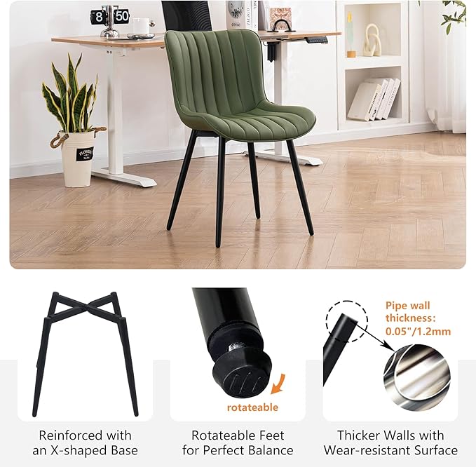 YOUNUOKE Mid-Century Modern Dining Chairs Set of 2, Olive Green PU Leather Upholstered Kitchen Chairs with Black Metal Legs, Armless Accent Side Chair for Dining Room, Guest Reception Room