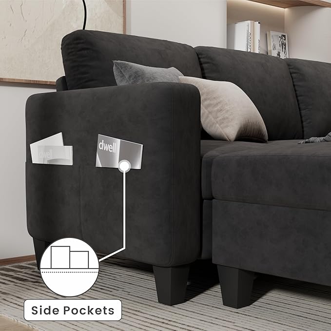 Sectional and Sofa Couches for Living Room, 3-Seater L-Shaped Sofa with Storage Ottoman, Pet-Friendly Washable Velvet Linen Fabric, Convertible Couches for Small Apartments, Bedroom (Black)