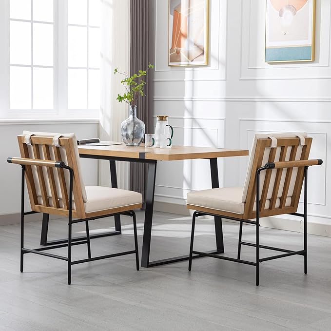 DUOMAY Mid-Century Modern Dining Chairs Set of 4, PU Leather Side Chair with Rear Handle, Armless Chair with Metal Legs for Kitchen Dining Room Living Room Vanity, Beige