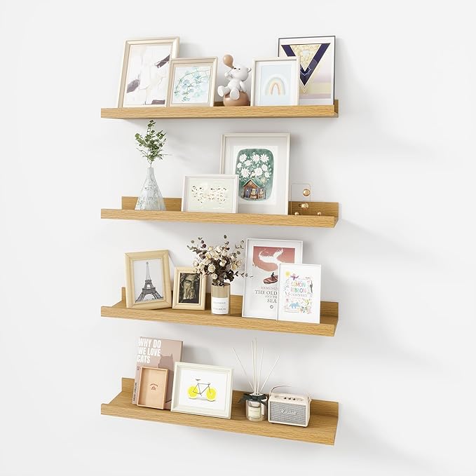 Picture Ledge Shelf, Wood Floating Shelves Set of 4, 24 inch Picture Ledge Shelves, Photo Ledge Nursery Book Shelves Wall Mounted for Living Room Kids' Room Bedroom, Color Oak
