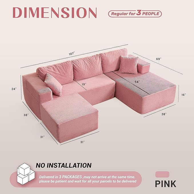 107" Boneless Couch with Deep Seat, Modular Sectional Sofa, Cloud Sectional Couch for Living Room, No Assembly Required, Corduroy, U-Shape 3 Seater Right, Pink