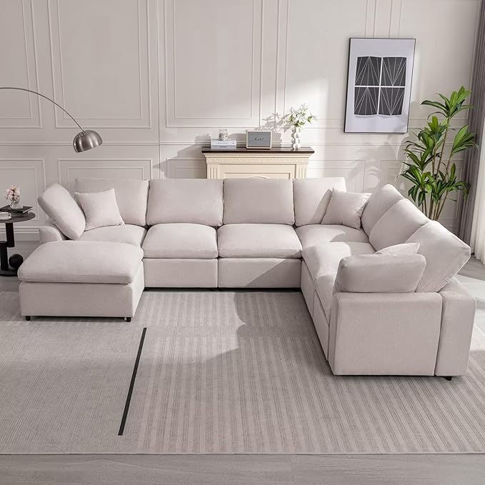 Cloud Couch Modular Sectional Sofa Modern Oversized Couches with Ottoman 7 Seater L-Shaped Sofas Comfy Couches for Living Room Spacious Space Apartment Lounge, Cream