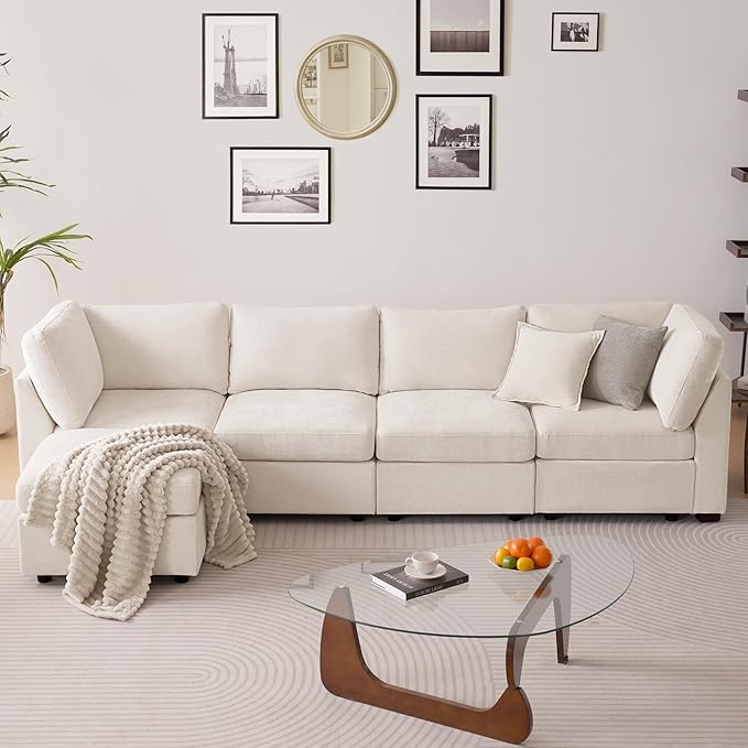 TEKAMON 123" Modular Sectional Sofa with Ottoman,Extra Large Comfy Cloud 4-Seat Deep Seat, Reversible Chaise Modular Sectional Couches for Living Room and Apartmenr,Beige