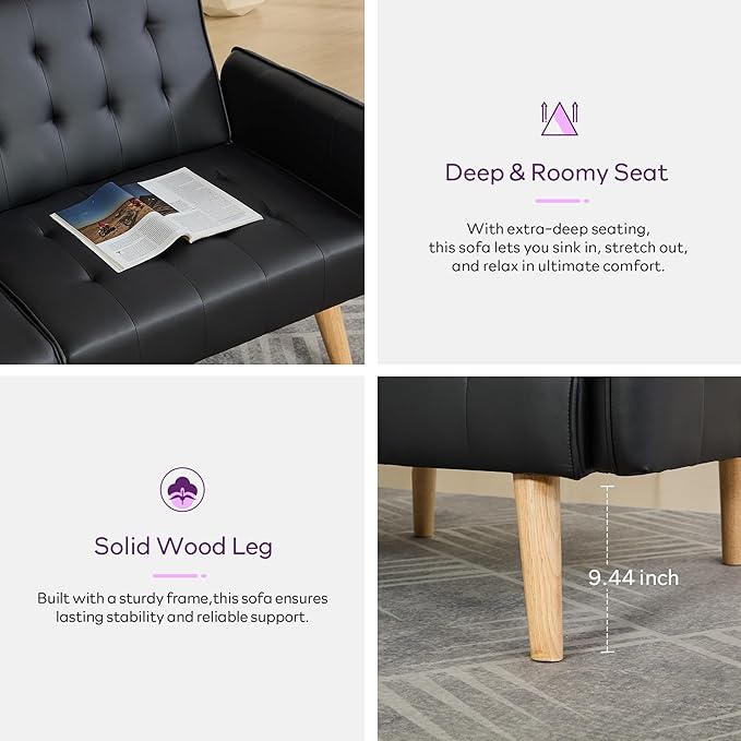 TYBOATLE Faux Leather Convertible 65'' Folding Futon Sofa Bed w/ 2 USB, Loveseat for Small Space, Apartment, Dorm, Living Room, Office, Black