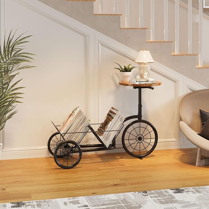 Bike Style End Table, Modern Industrial Side Table with Coffee Bar, Rustic Sofa Table with Vinyl Record Storage, Creative Magazine Holder Organizer for Living Room and Office