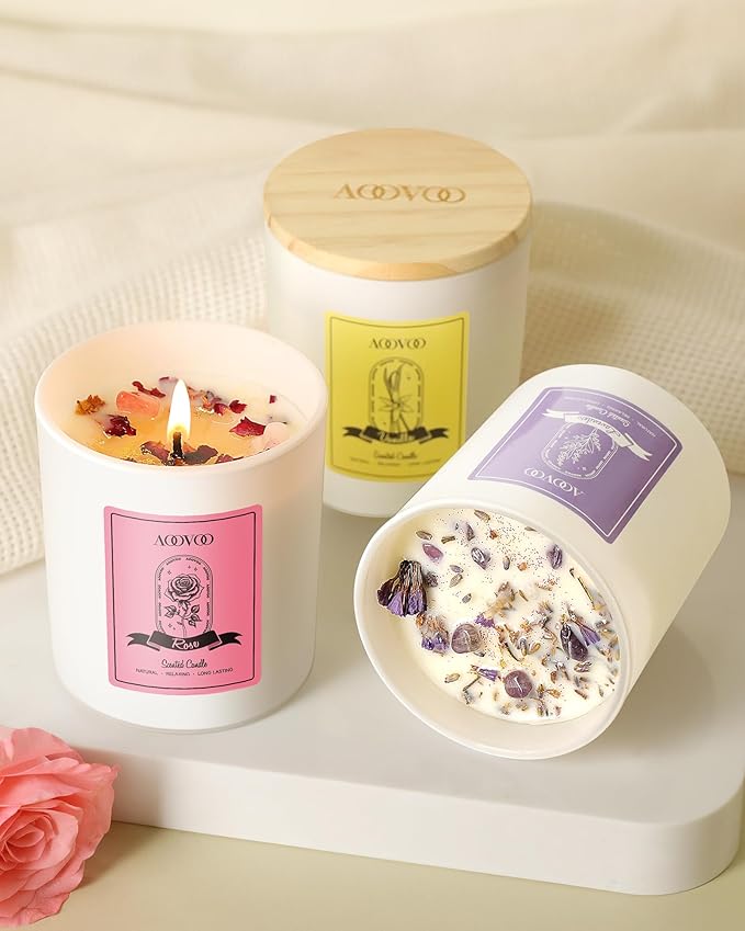 AOOVOO Rose/Vanilla/Eucalyptus/Lavender Scented Candles for Women - Aromatherapy Candle with Crystals Inside, 40oz Soy Candles for Home Scented, Birthday Gifts Christmas Candle for Women Mom