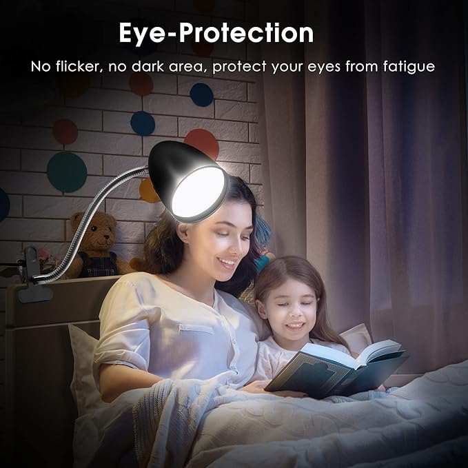 Clip on Light for Bed, Non-Dimmable Clip on Reading Light for Bed, 4000K Cool White, 3.5W 240 LM Desk lamp with clamp, Eye Protection, ETL Listed, Black