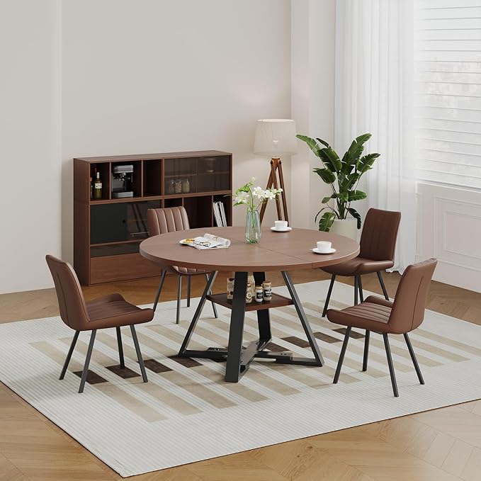 Walnut Round Dining Table Set for 4, Mid-Century Modern Kitchen Table and Chairs, Small Space Dining Room Furniture for Apartment, Breakfast Nook or Studio (Boxwood-Storage Table+4 Brown Chairs)