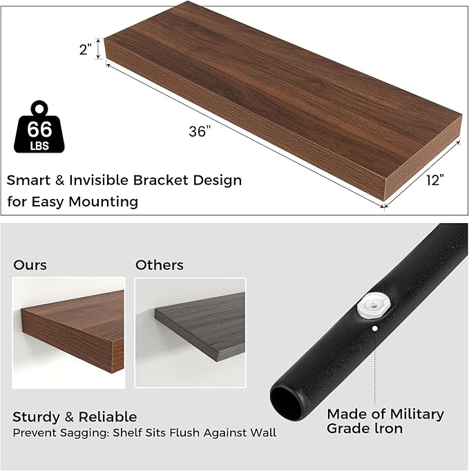 Floating Shelves for Wall, 36 Inch Wide x 12 Inch Deep Floating Shelves, Long Wood Floating Wall Shelf Shelves for Living Room Bathroom Bedroom Kitchen Home - (Walnut, 36" W x 12" D x 2" H)