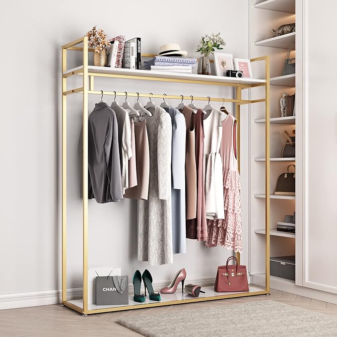 Heavy Duty Gold Clothing Rack with Shelves for Hanging Clothing, Gold Metal Freestanding Garment Rack for Retail Display (59" L)