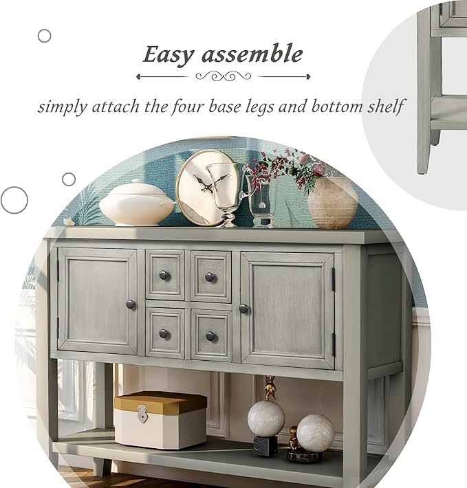 Farmhouse Vintage Console Table Sofa Table with 4 Drawers and Bottom Shelf, Solid Wood Buffet Sideboard Storage Cabinet for Entryway Living Room Kitchen Dining Room (Antique Gray)