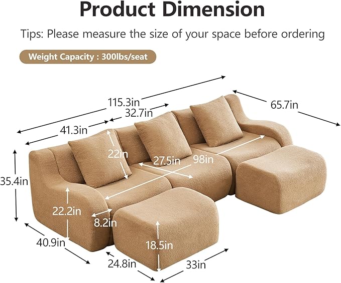 Camel U-Shaped Cloud Couch with 2 Ottomans, Modern Teddy Fabric Boneless Sectional Sofa in a Box for Living Room, Modular Floor Couch, Deep Seat, No Assembly Required, Sofas para Sala