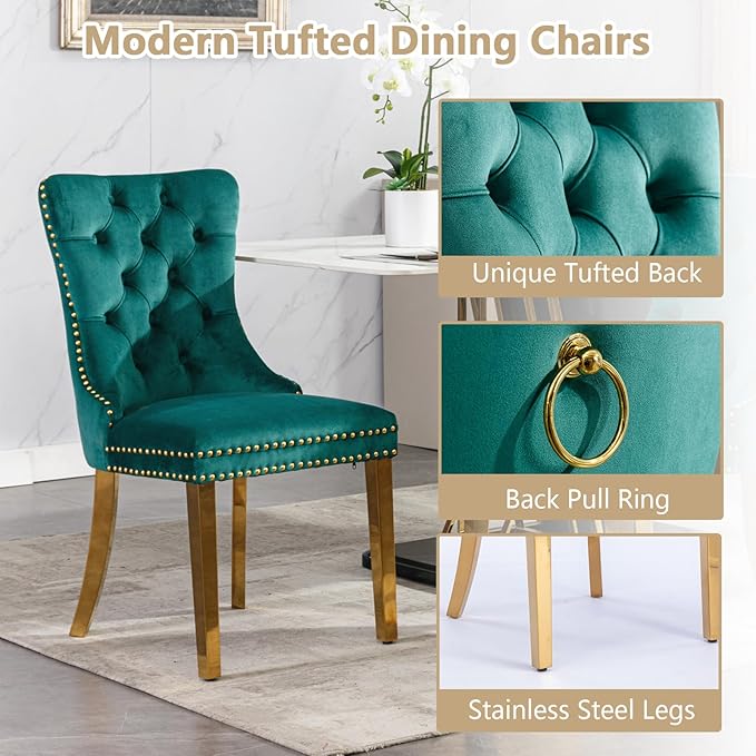 Goujxcy 5 Piece Glass Dining Table Set Modern Small Glass Dining Table Set for 4, 35.43" Square Kitchen Table and 4 Velvet Upholstered Chairs for Kitchen Dining Room, Gold & Green