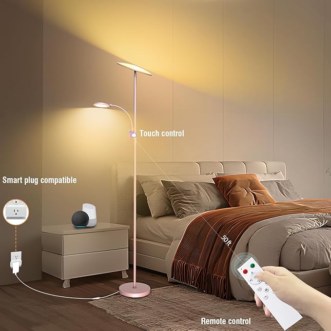 Pink Floor Lamps for Living Room, 44W/4500LM Super Bright 2 in 1 LED Floor Lamp with Remote, Stepless Dimmable, 69" Tall Standing Floor Lamp with Bendable Reading Light for Bedroom Office