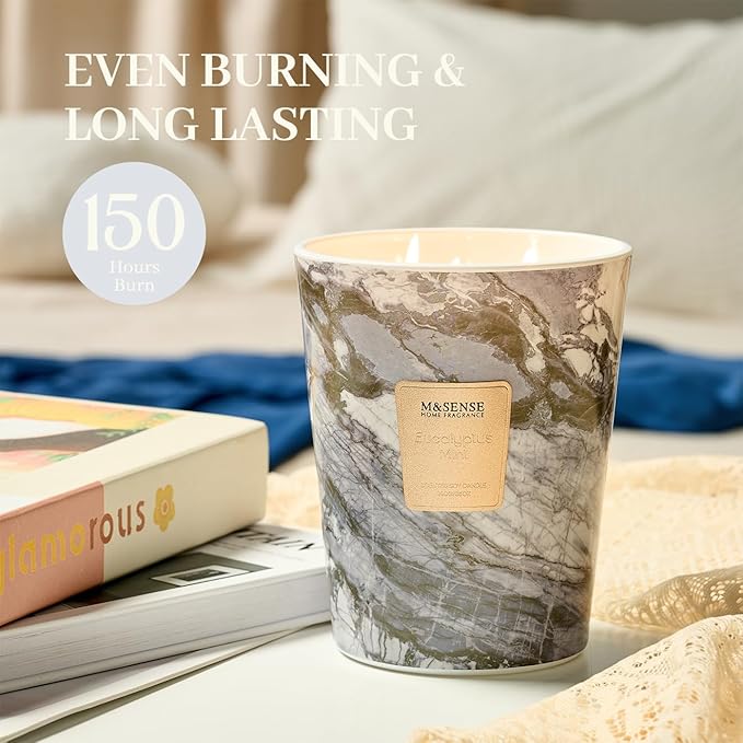 M&SENSE Extra Large Candle 35oz 150H EucalyptusMint Scented Candle, 3 Wick Highly Scented Jar Candle, XL Candles Gift for Stress Relief, Meditation, Yoga