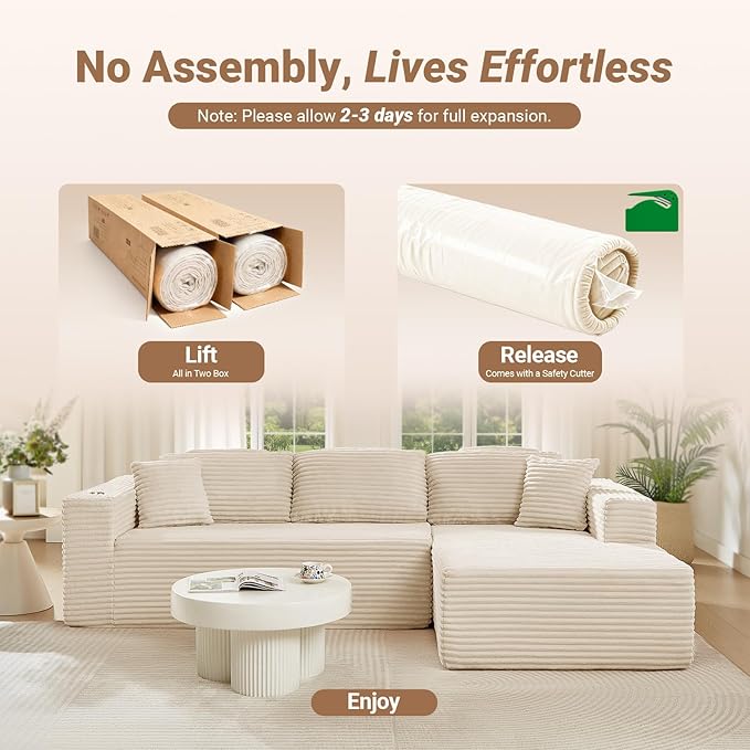 108" Boneless Couch, Cloud Couch Modular Sectional Sofa with Deeper Seat, L-Shaped Sofa with 4 Storage Pockets, Comfy Corduroy Couches for Living Room (Right Facing Chaise, Beige)