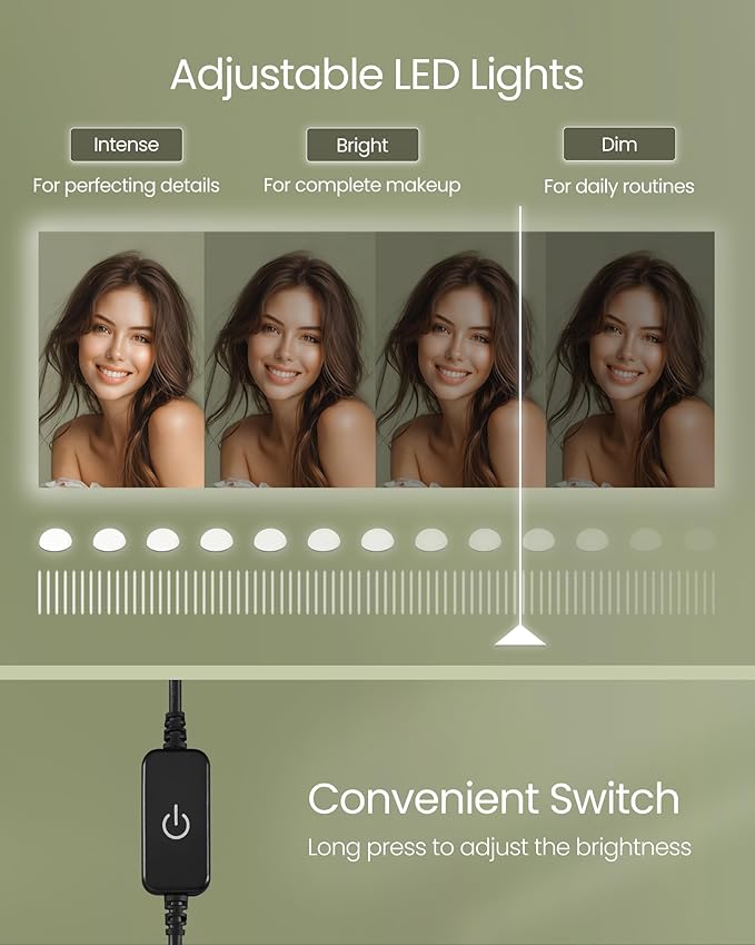 VASAGLE Vanity Desk with Mirror and Lights, 43.3-Inch Wide Makeup Vanity with Upholstered Vanity Stool, Power Outlets, Dimmable LED Lights, Storage Drawer, for Bedroom, Ink Black URDT628B01