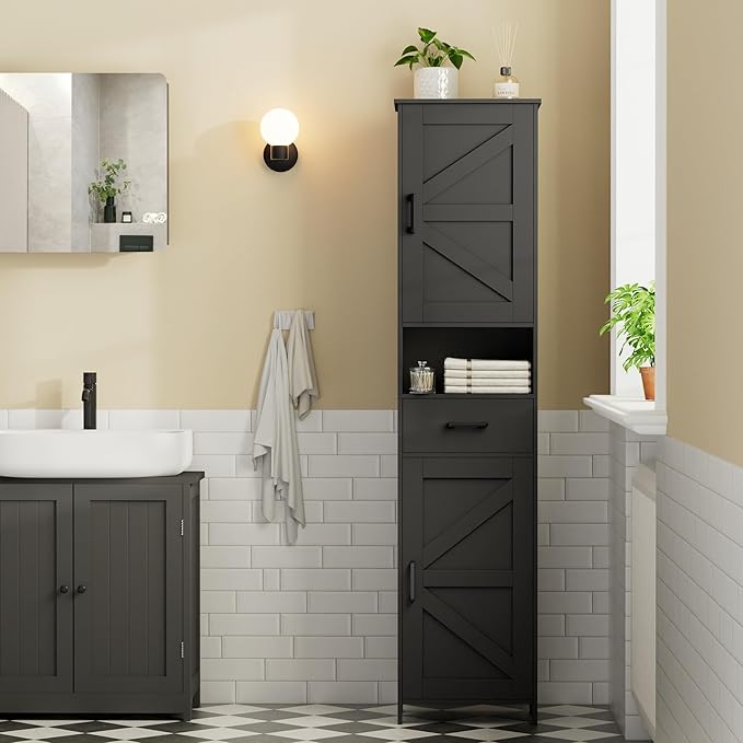 Homhedy 67" H Tall Bathroom Storage Cabinet with 2 Barn Doors and 1 Drawer, Narrow Storage Unit, Adjustable Shelves, Floor Cabinet for Bathroom, Living Room, Entryway, Kitchen, Black, (15.7" W)