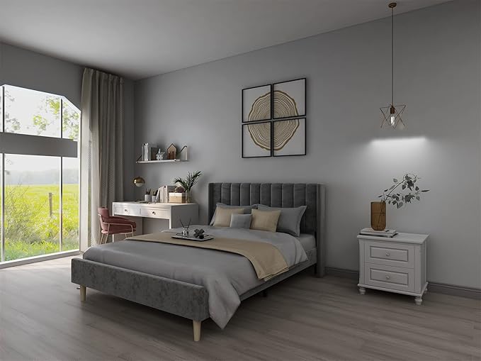 Low Profile Upholstered Platform Bed,Queen Beds with Dark-Grey(Velvet)