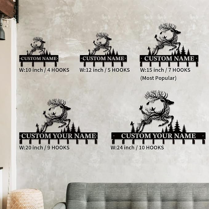 Personalized Custom Name Forest Deer Wall Keys Hooks,Metal Forest Deer Art Clothes Hooks,Metal Forest Deer Wall Home Storage Decorative,For Front Door, Hallway, Kitchen, Bedroom,Keys,Hats (Style F)