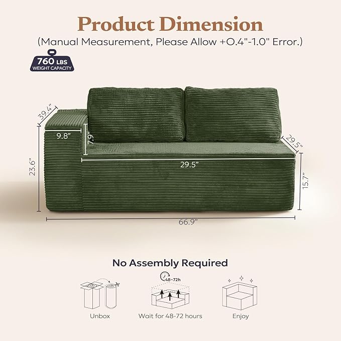 67" Loveseat Sofa, Cloud Modular Couch, Upholstered Floor Sofa with Deep Seat, Upholstered Foam Sofa for Bedroom Living Room, No Assembly Required (Green, Plush Corduroy Fabric)