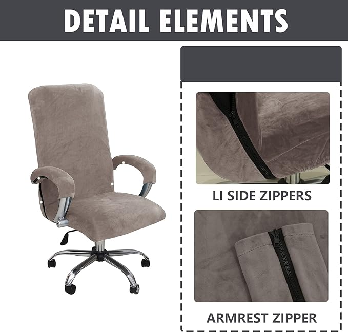 Velvet Plush Ergonomic Comfortable Office Chair Cover - Cat Proof Stretchable Protector for Mesh Office Desk Chair with Wheels and Armrest - Comfy Executive Office Chair for Adults, Khaki, XL