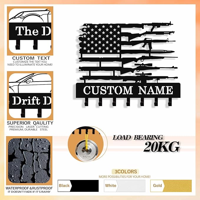 Personalized Flag Forest Key Holder Wall Mount, Custom Metal Key Holder for Wall with Name, Custom Keys Rack Hanger with Hooks for Entryway, Front Door, Hallway, Living Room, Kitchen