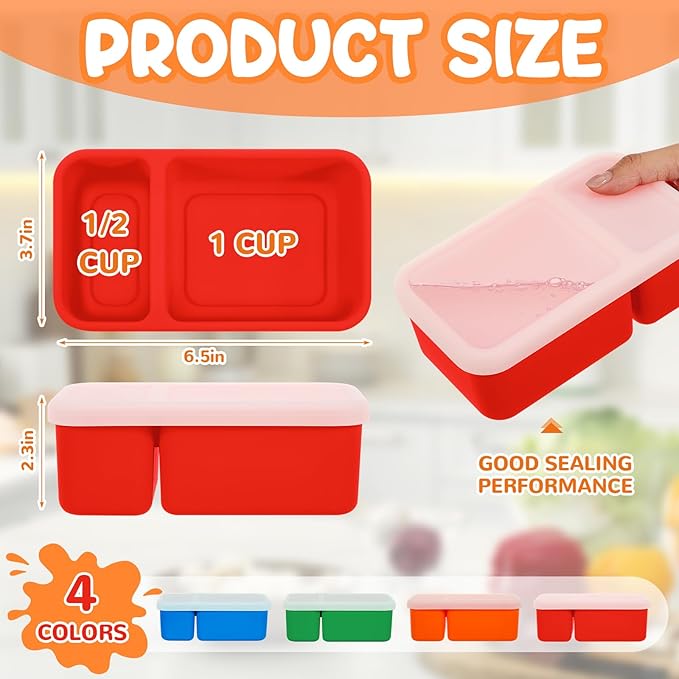 Roshtia 4 Pack Silicone Food Containers with Lids, Reusable Packs Bento Lunch Box for Meal Prep Food Storage, Microwave Dishwasher Safe(2 Compartment,Bright)
