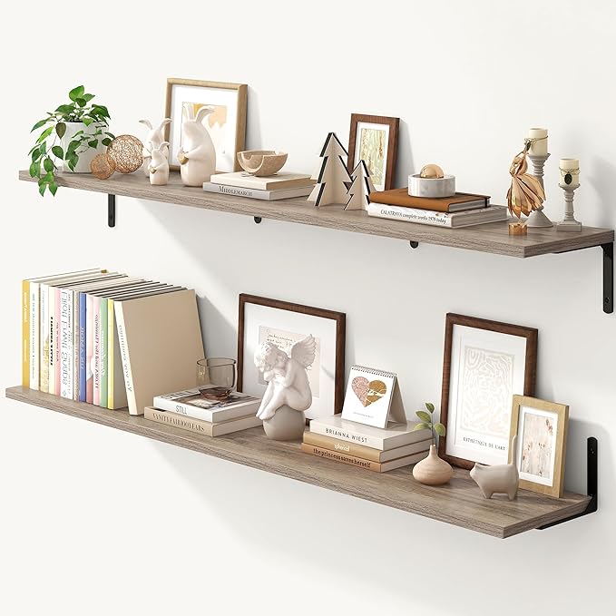 Fun Memories Deep Floating Shelves, 55W x 8D Floating Shelves Set of 2, Wall Mounted Shelf with Metal Brackets, Rustic Wood Wall Shelf for Bathroom, Kitchen and Living Room, Grey