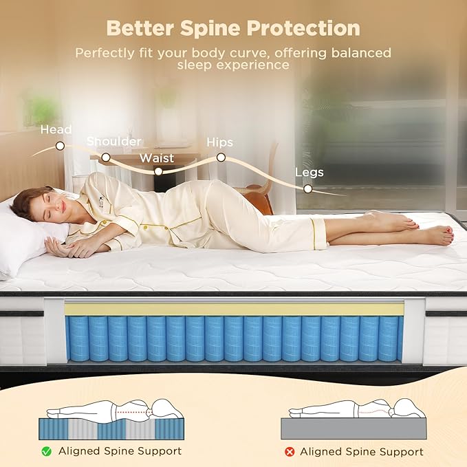 Hybrid Queen Size Mattress, 12 Inch-Medium Firm Feel, Mattress in a Box, Individual Pocketed Springs for Motion Isolation, Cooling & Soft Fabric, Pressure & Back Pain Relief, Strong Edge Support