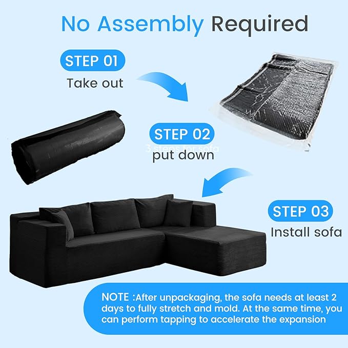 PUREMIND 106" Black Sectional Couches for Living Room, Cloud Couch Modular Sectional Sofa, Corduroy L Shape Sofa with Deep Seat, Modular Boneless Foam Couch Corner Couches No Assembly Required