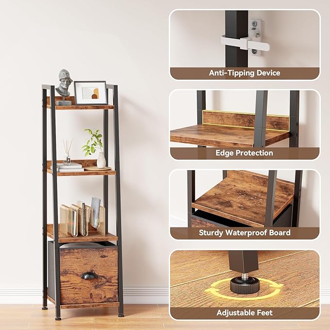 Furologee 4 Tier Narrow Ladder Shelf, Ladder Bookshelf with Drawer, Industrial Shelves Storage Rack Organizer,Skinny Display Shelving Units for Living Room, Home Office, Bedroom,Rustic Brown