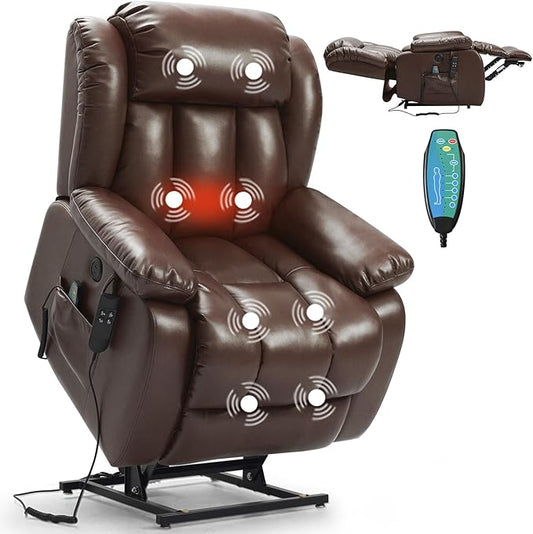 PARKOL Dual Motor Power Lift Recliner Chair for Elderly, 180-Degree Infinite Position Lay Flat Leather Recliner Chairs, with Massage and Heating, USB & Type-C Port and Remote (Brown, Medium)