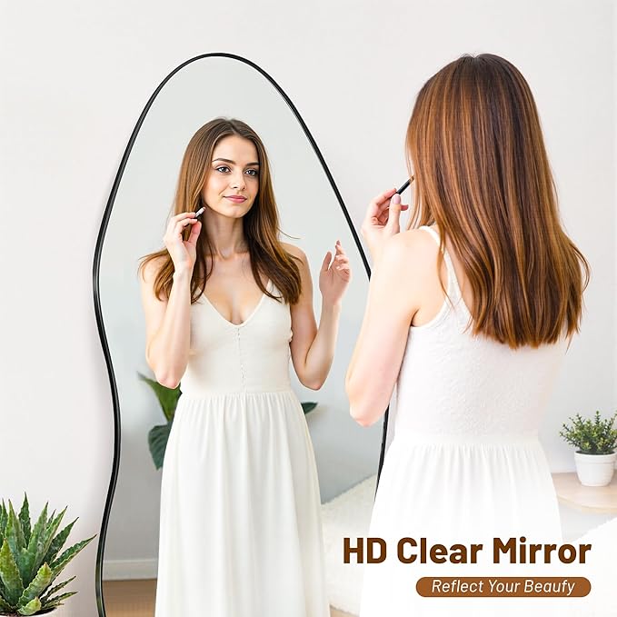 Antok Full Length Mirror, 68"x26" Floor Mirror with Stand, Standing Hanging Leaning Irregular Mirrors for Bedroom Living Room Entryway, Wavy Shaped, Black