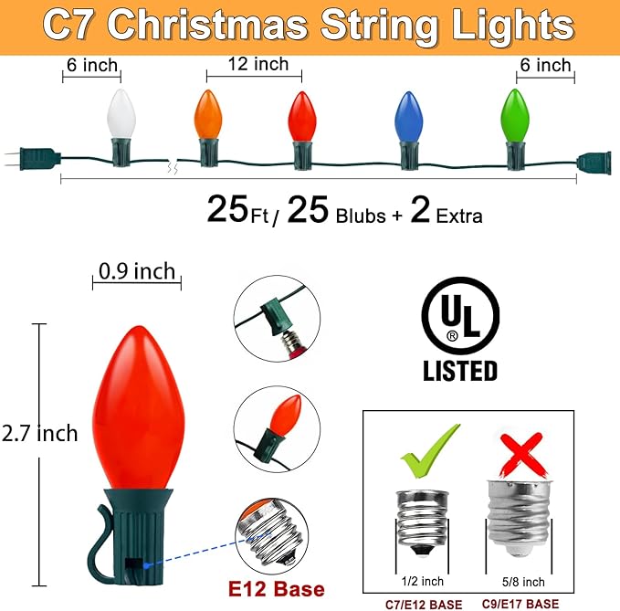 Couah C7 Christmas Lights, 25Ft Ceramic Vintage Christmas Lights with 25 Multicolor C7 Bulbs, Hanging for Xmas Tree Party Backyard Wedding Party Decor- Green Wire