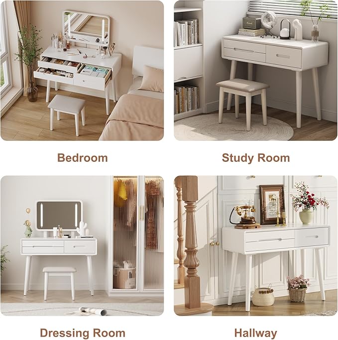 Solid Wood Vanity Desk with Mirror and Lights,Adjustable Height and Brightness, Makeup Vanity with 3 Drawers,Semi-Assembled,Dressing Table for Bedroom (White)