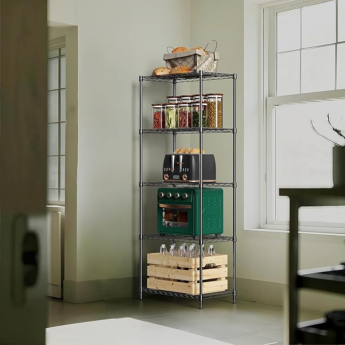 1250 lbs 5 Tier Shelf Metal Storage Shelves Wire Rack Closet Organizers with Wheel for Garage Kitchen Bathroom Laundry Black 13.7" D x 23.6" W x 62.4" H