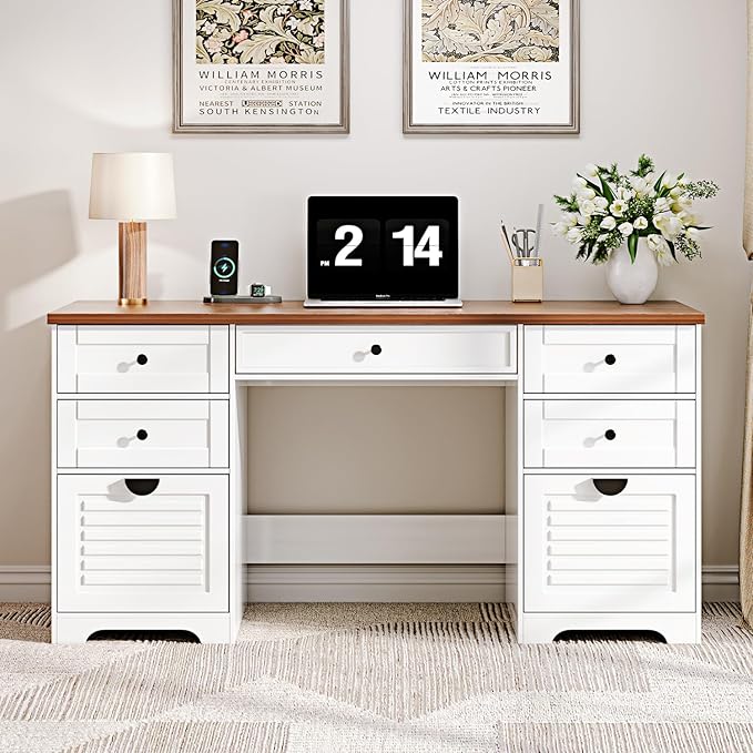 59" Home Office Desks, Executive Desk, Farmhouse Computer Desk with 7 Drawers and Charging Station, File Drawer, Rustic Computer Writing Desk,Antique Cream