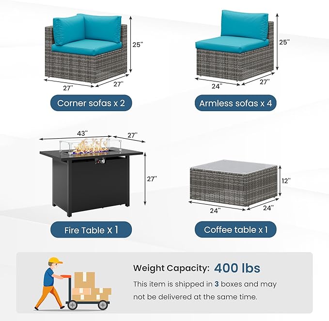 8 Pieces Outdoor Patio Furniture Set with 43" Fire Pit Table, Wicker Outdoor Patio Sectional Sofas with Coffee Table and Cushions, All-Weather Patio Conversation Set for Backyard Garden, Light Blue