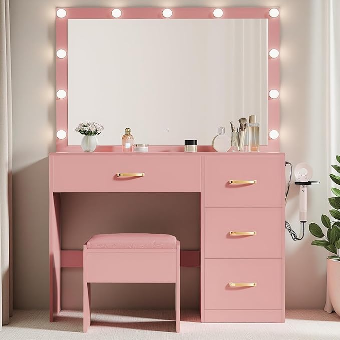 YITAHOME Vanity Set with Mirror and Lights, Makeup Vanity Set with 11 LED Lights, Dressing Table with 4 Drawers and Stool, Ample Storage, Power Strip, for Dressing Area, Light Pink