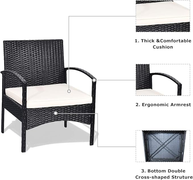 COSTWAY 3 PCS Patio Wicker Conversation Set, PE Rattan Sofa with Tempered Glass Coffee Table, 2 Chairs, 2 Cushions, Outdoor Patio Furniture Set for Yard Porch Bistro Balcony Backyard Pool, White